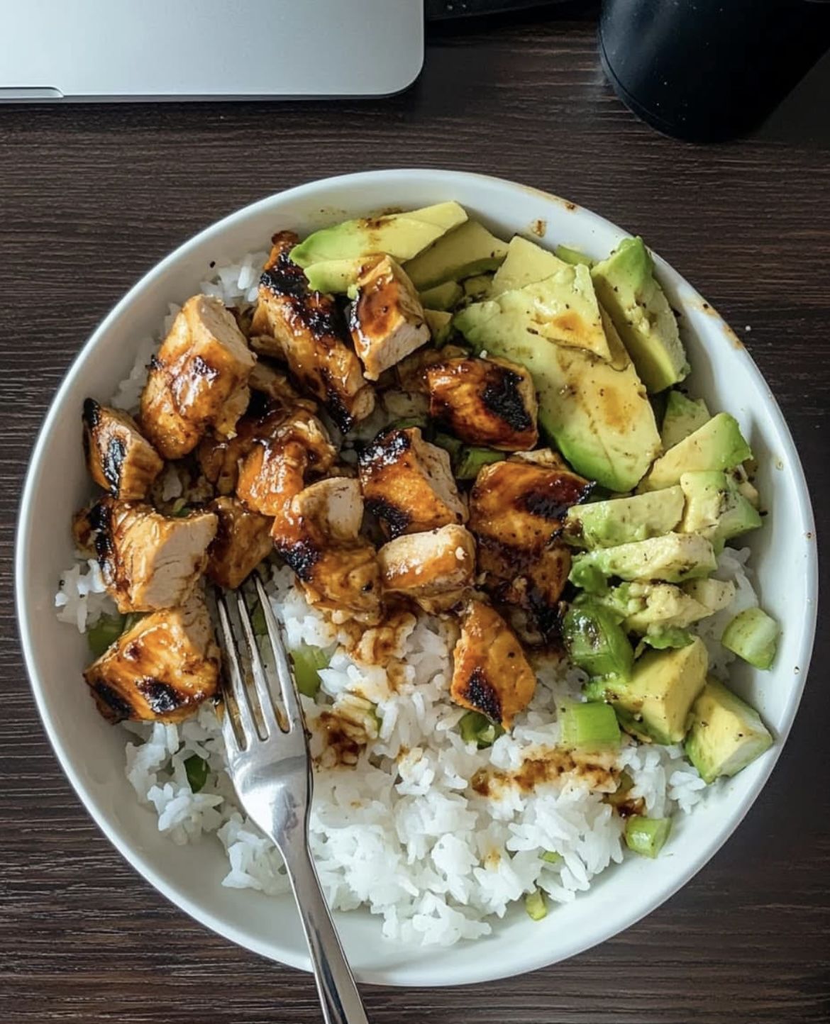 Teriyaki chicken and avocado rice bowl