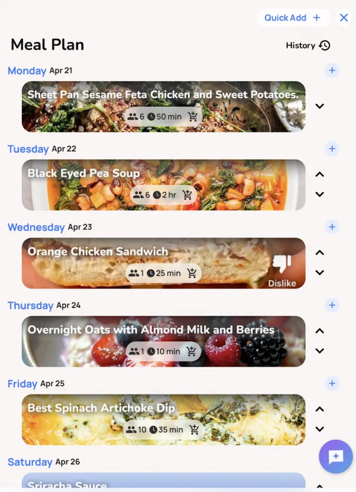 Honeydew weekly meal plan showing recipes assigned from Monday through Saturday