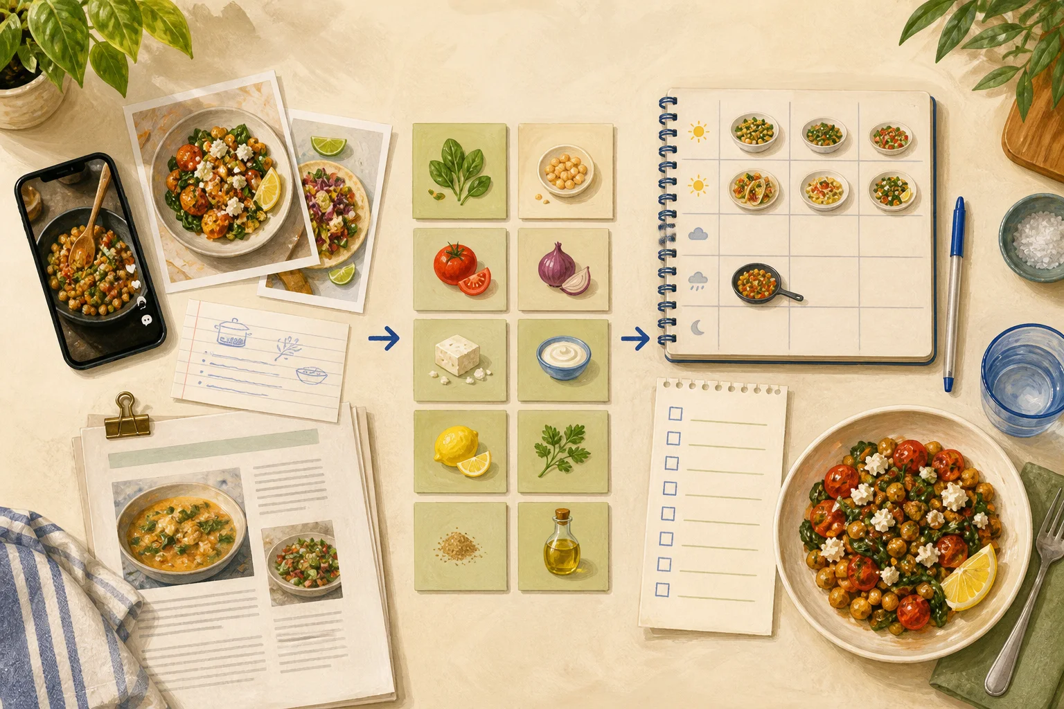 Illustrated workflow showing social posts, screenshots, and recipe cards becoming organized ingredients, a weekly meal plan, grocery checklist, and cooked dinner