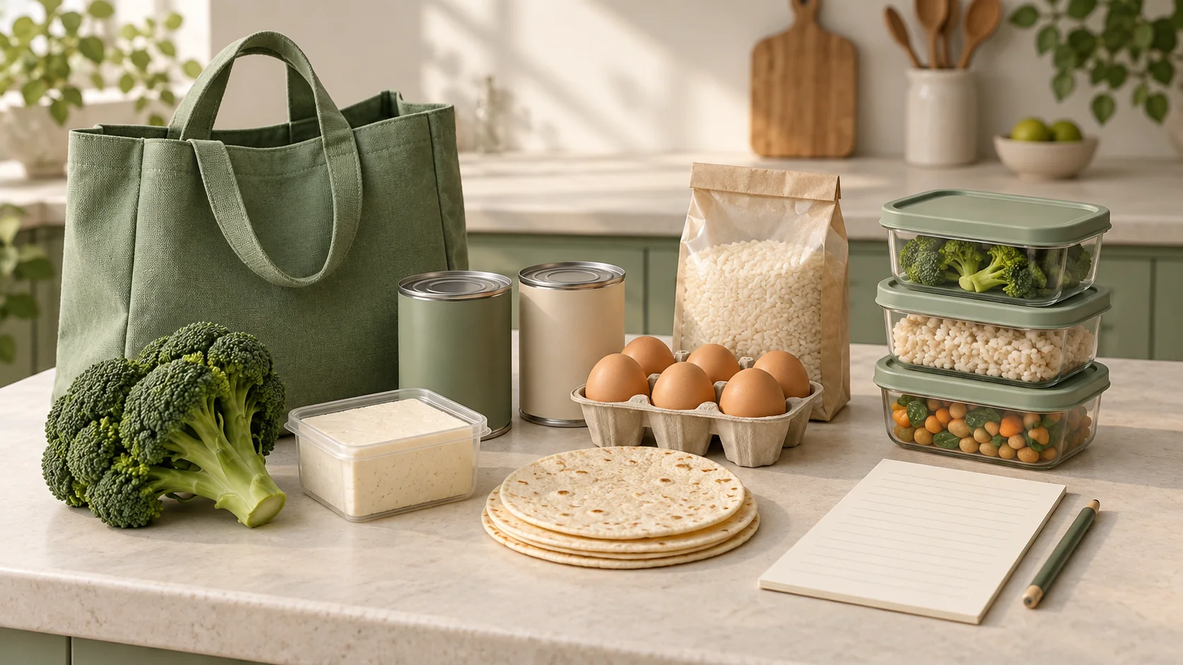 Illustration of a small grocery shop with tofu, eggs, cans, rice, tortillas, broccoli, storage containers, and a blank checklist