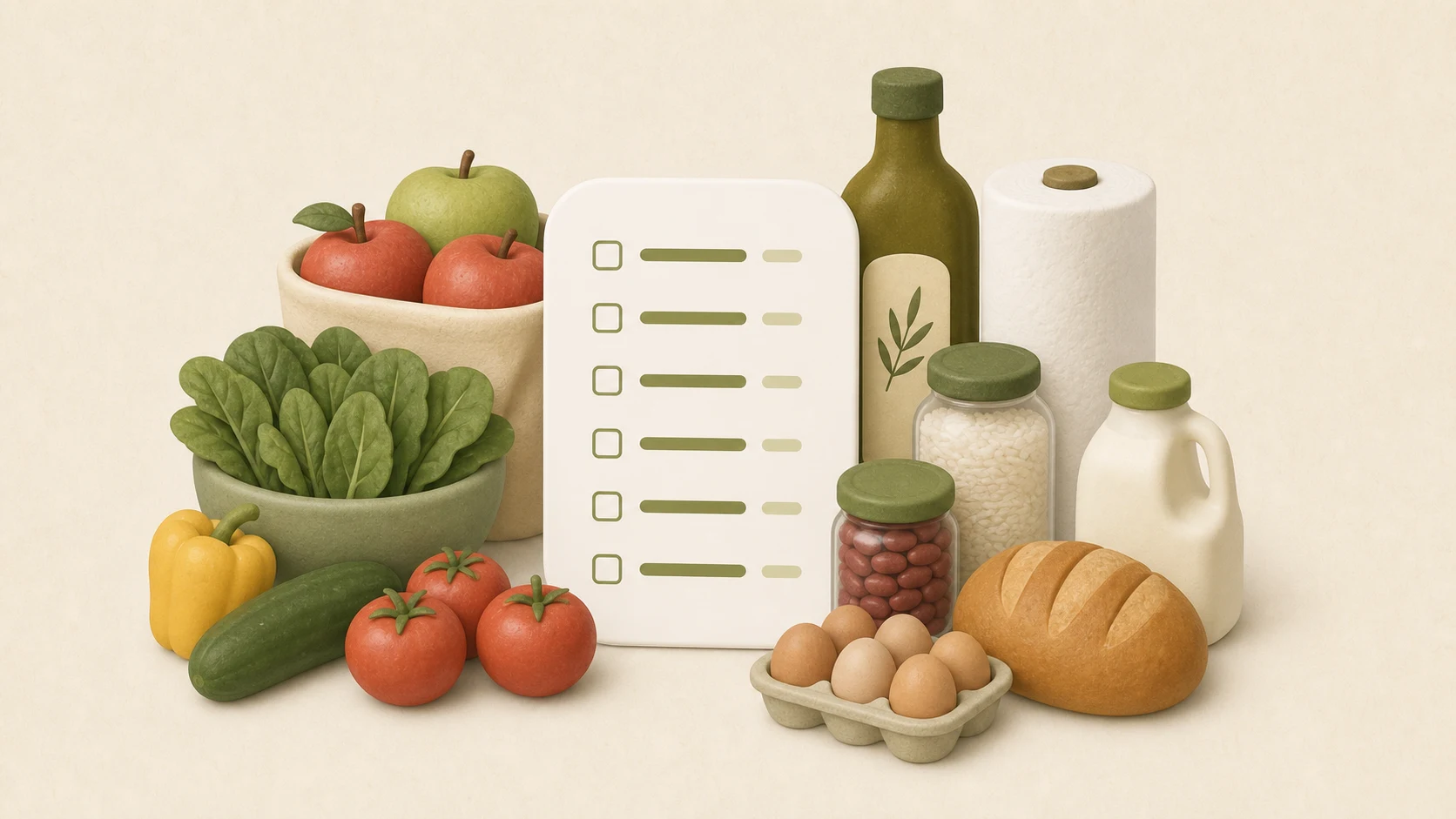 Soft dimensional illustration of a grocery checklist surrounded by produce, bread, eggs, pantry jars, milk, and household supplies
