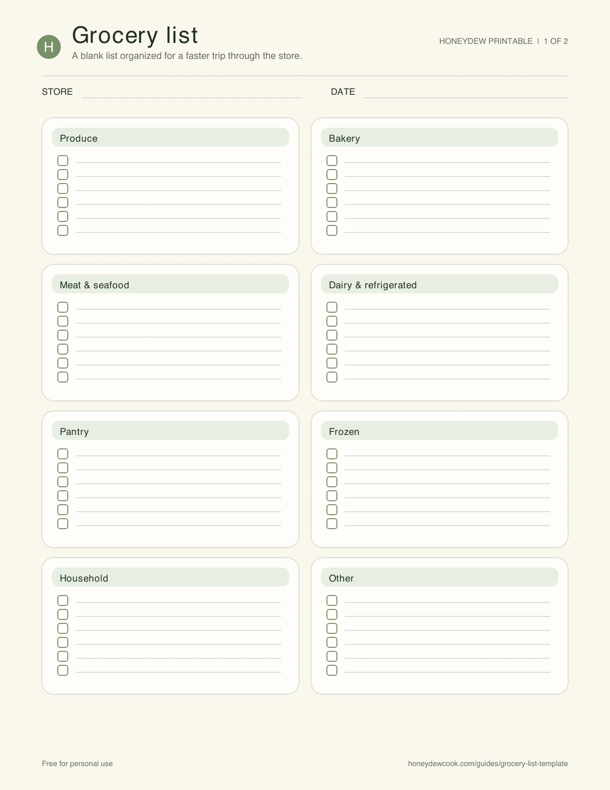 Preview of Honeydew's free printable grocery list with blank sections for produce, bakery, proteins, dairy, pantry, frozen foods, household supplies, and other items