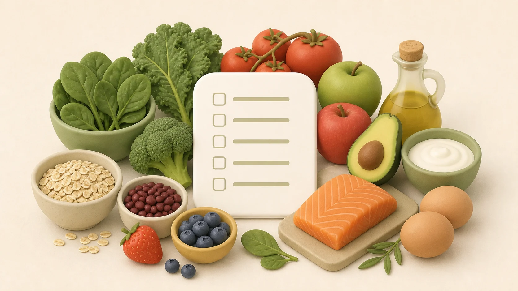 Soft dimensional illustration of a grocery checklist surrounded by leafy greens, tomatoes, apples, oats, beans, berries, salmon, eggs, yogurt, avocado, and olive oil
