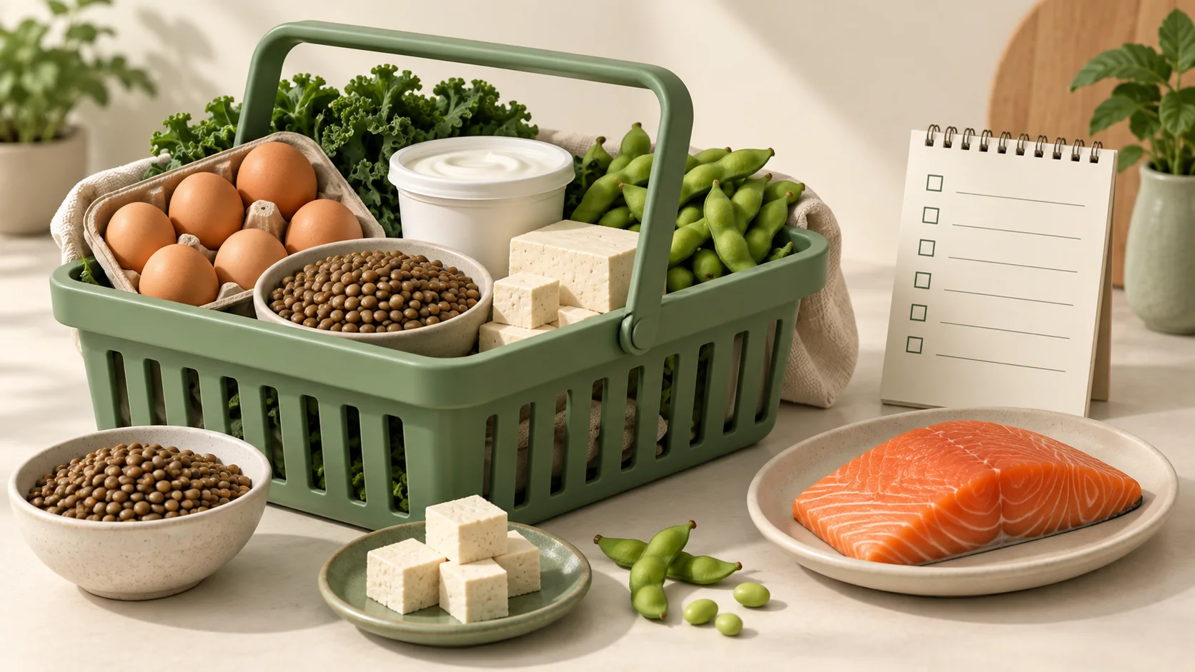 Illustrated grocery basket with eggs, yogurt, tofu, lentils, edamame, a separate plate of salmon, and a shopping checklist