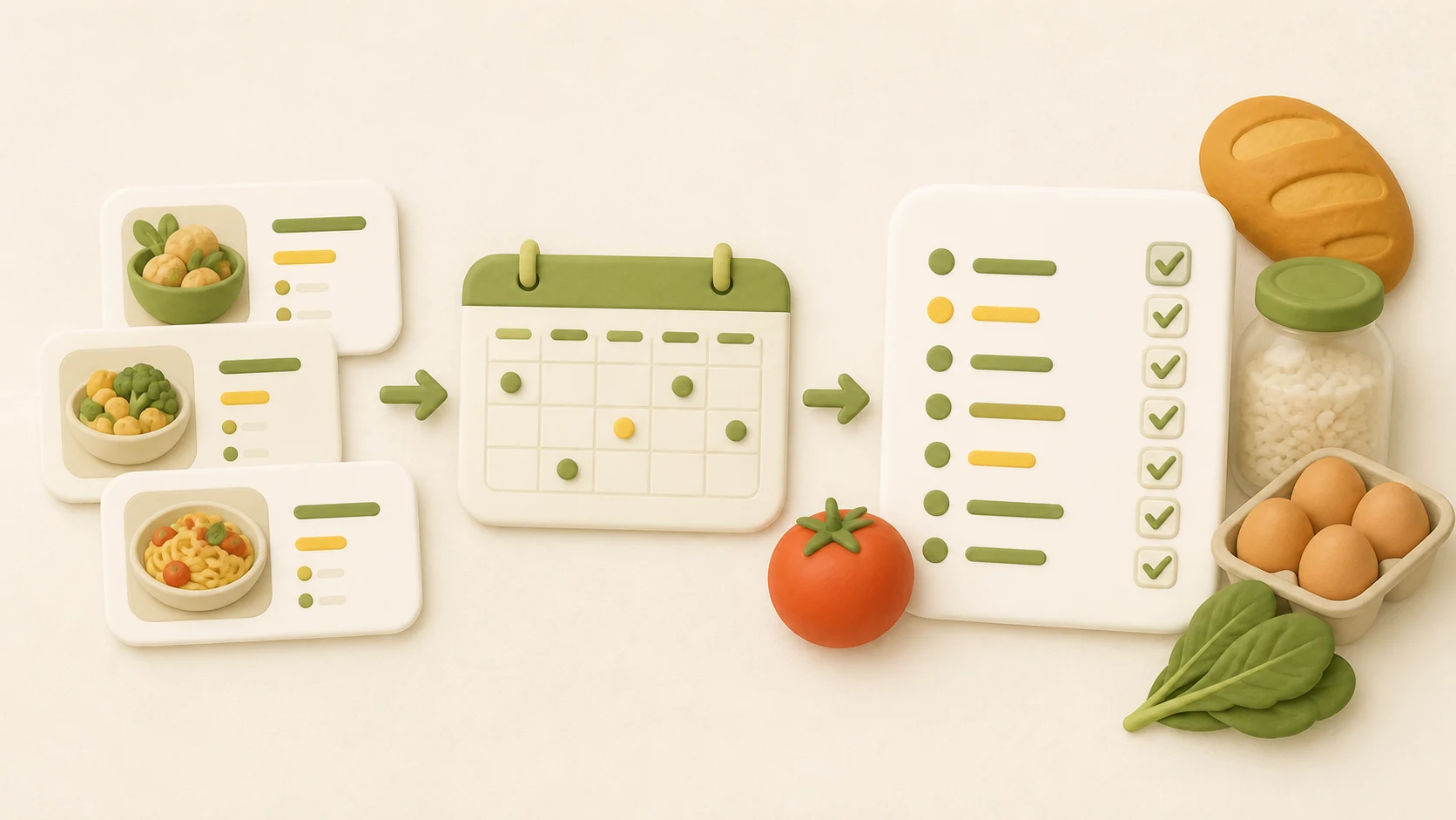 Soft dimensional illustration showing recipe cards and a weekly calendar flowing into an organized grocery checklist