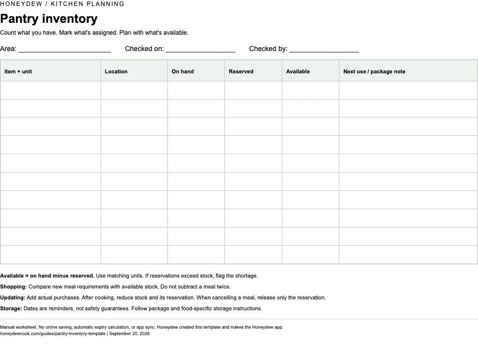 Preview of the actual blank inventory worksheet with ten rows for item and unit, location, on-hand stock, reserved stock, available stock, and package notes