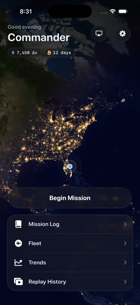 Orbital Focus home screen showing a mission map and Begin Mission button